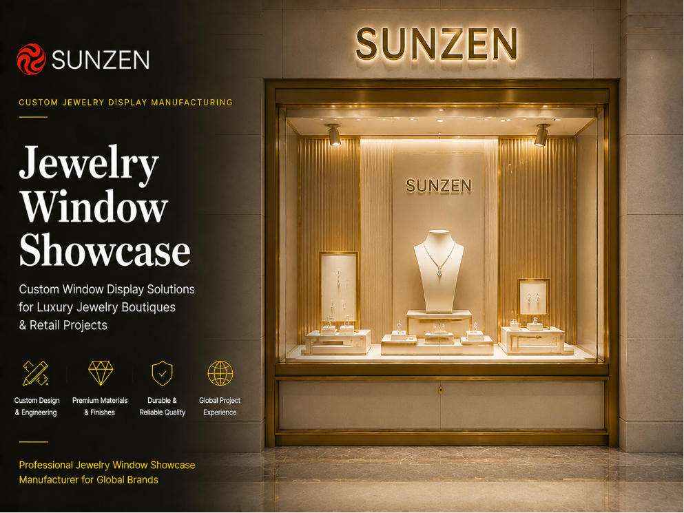 Luxury custom jewelry window showcase manufactured by SUNZEN for storefront jewelry displays and boutique windows